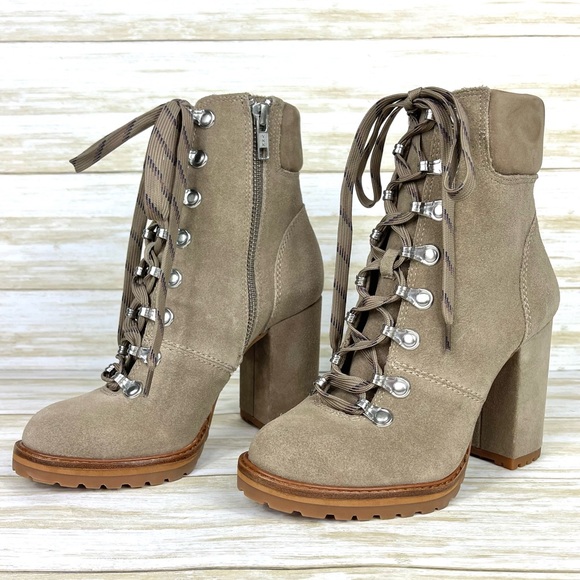 Gianni Bini Shoes - Gianni Bini Women’s Taupe Mapped Out Suede High Heel Ankle Hippie Booties 5.5